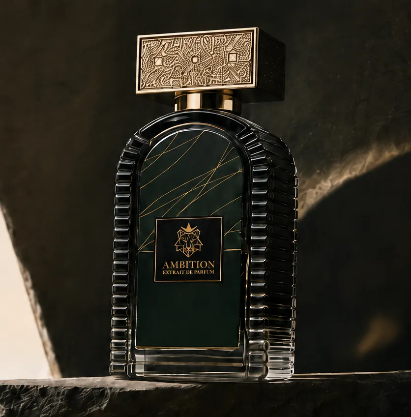 Aristic Ambition Extrait de Parfum — donkergroene flacon met gouden dop op een stenen richel